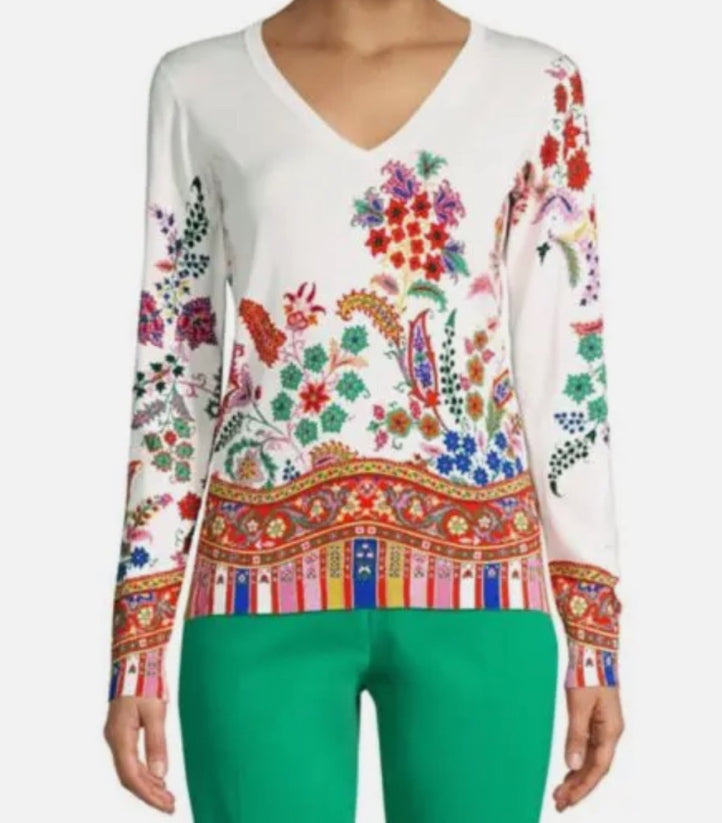 Etro Milano Floral Multicolor Long Sleeve V Neck
