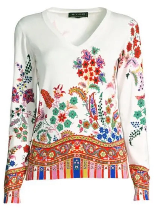 Etro Milano Floral Multicolor Long Sleeve V Neck
